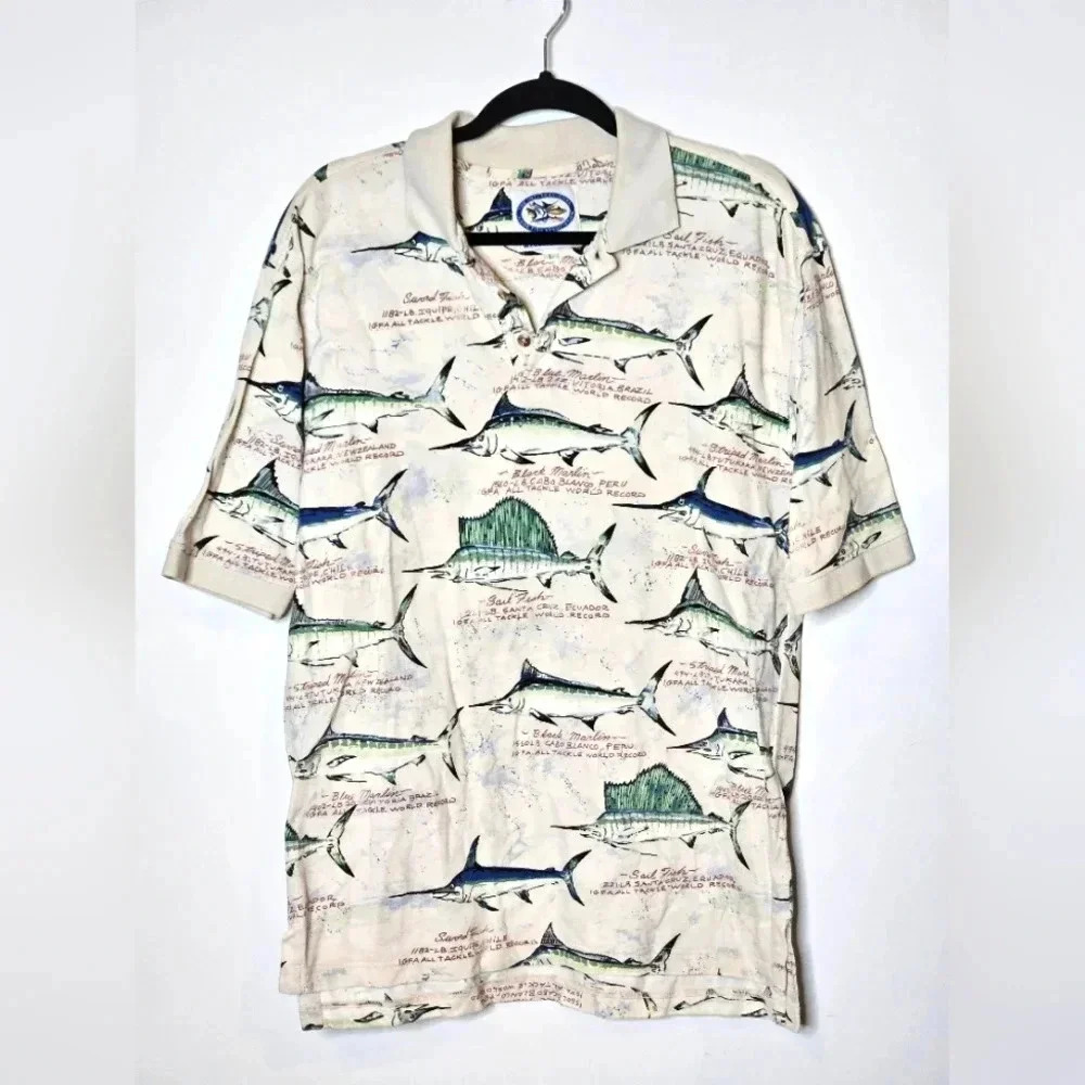 The International Game Fish Assoc. By AFTCO Vintage Polo Mens Large Marlin Beige